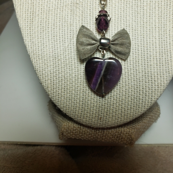 Vintage Amethyst Heart with Silver Mesh Bow Necklace on Sterling - Picture 3 of 14